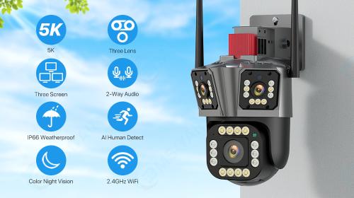 Camera Tripla de Supraveghere Profesionala Wi-Fi, PTZ, TSS-JT3-W,  2k/5K , Audio-Video, cu 3 lentile , 5X Zoom, Night Vision, cu Aplicatie Mobila