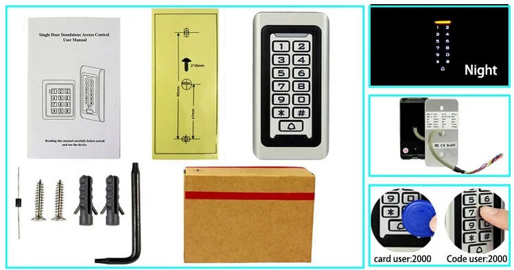 Continut pachet Tastatura Metalica Control Acces TSS-208BE cu accesorii de montaj sablon manual dioda si vizibilitate taste noaptea