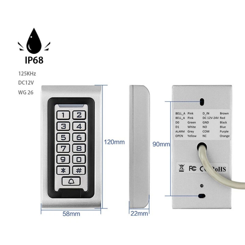 Diagrama tehnica cu dimensiuni 120x58x22mm protectie IP68 si etichetare cablaj tastatura metalica control acces TSS-208BE