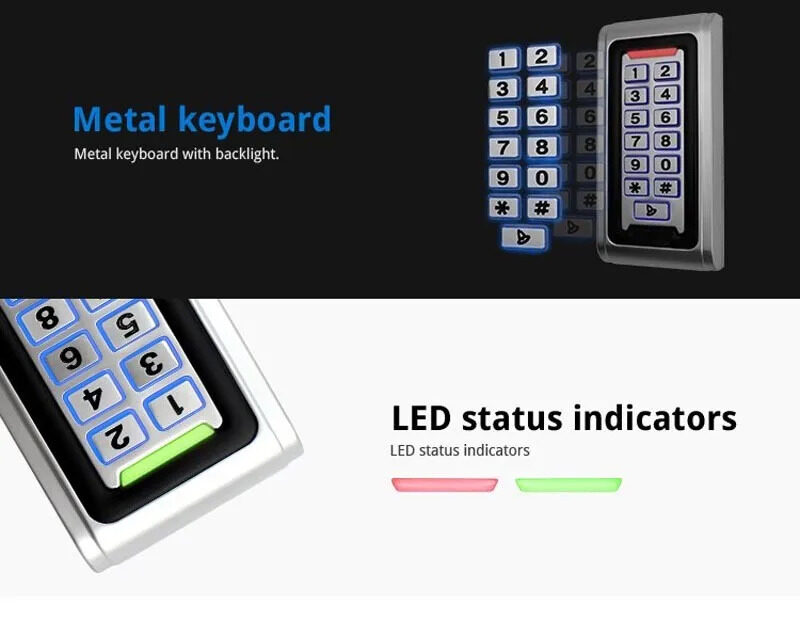 Tastatura metalica control acces cu taste iluminate si indicator LED multicolor rosu verde pentru semnalizare stare
